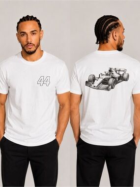 White 44 Race Car Graphic T-Shirt | Front Number & Back Car Sketch Tee M